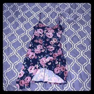 Blue and pink floral print, body con dress.